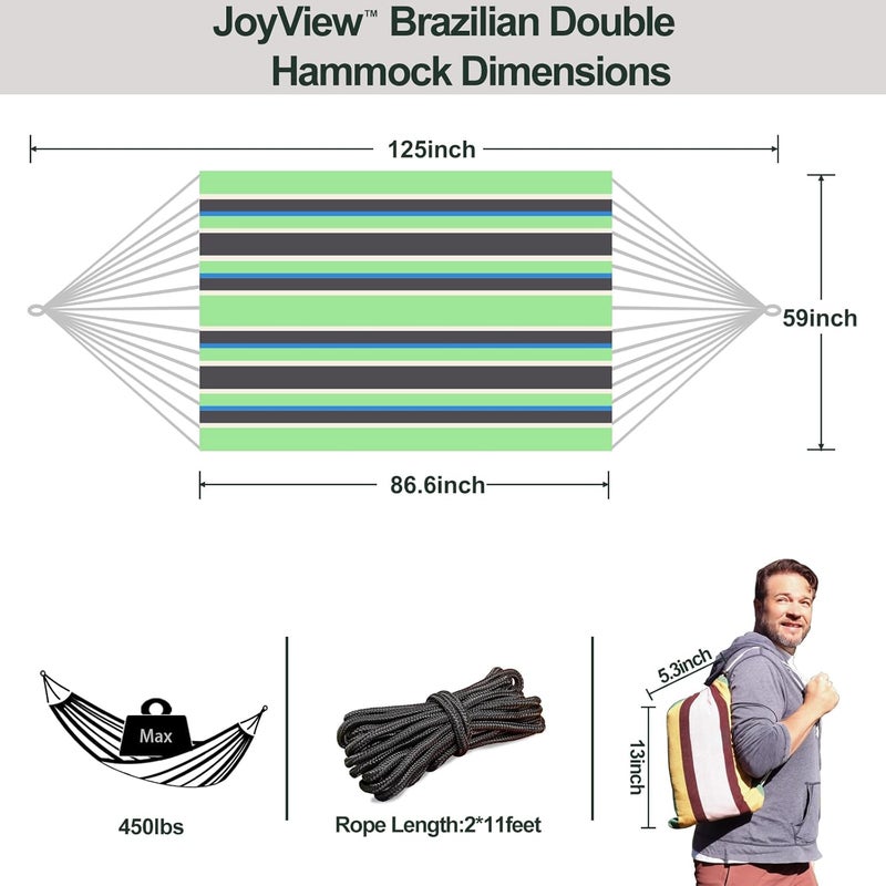 JoyView Brazilian Double Hammock with Hanging Ropes Extra Large 86.6x59” Portable Cotton Hammock for Patio Backyard Porch 450LBS Weight Capacity Perfect for Outdoor/Indoor - Green/Black Stripe - Image 2